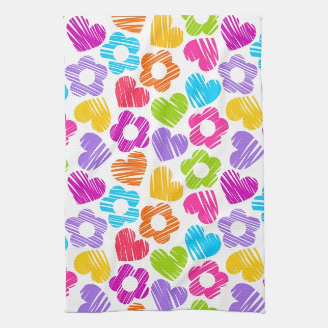 Cute multicolor flowers and hearts girly pattern   tea towel (Vertical)