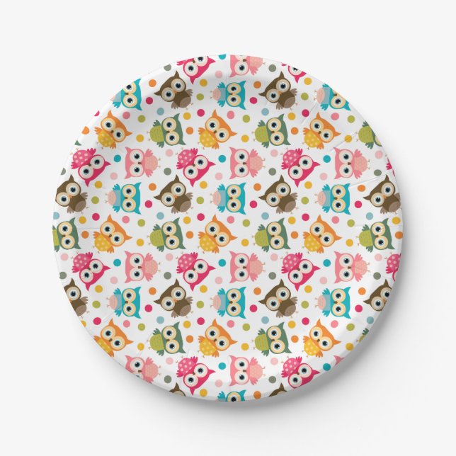 Cute multicolor owl pattern paper plate (Front)