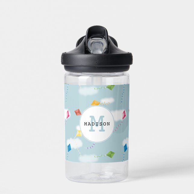 Cute Multicolored Flying Kites Kids Monogram Water Bottle (Front)