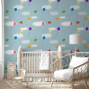 Cute Multicolored Flying Kites Kids Nursery Wallpaper