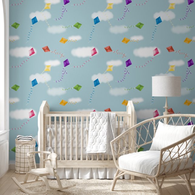 Cute Multicolored Flying Kites Kids Nursery Wallpaper (Kids)