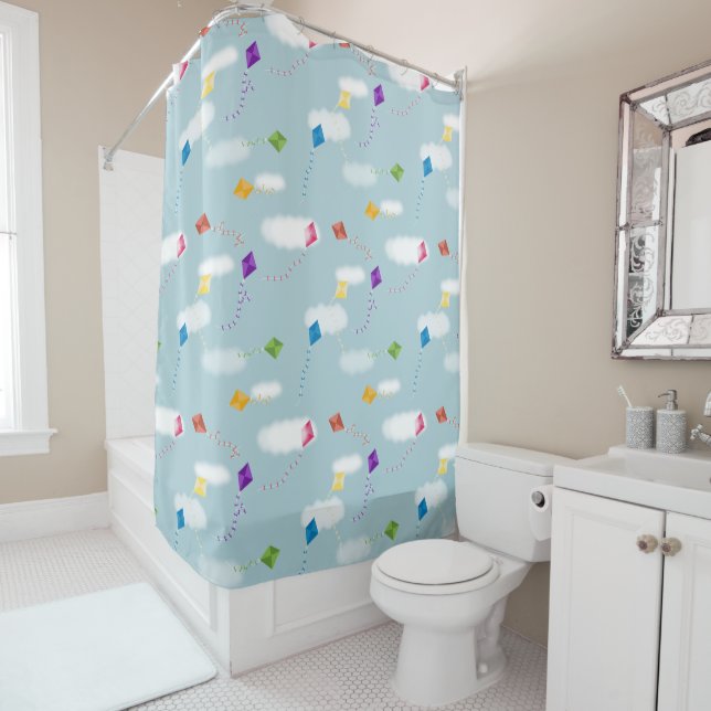 Cute Multicolored Flying Kites Kids Pattern Shower Curtain (In Situ)