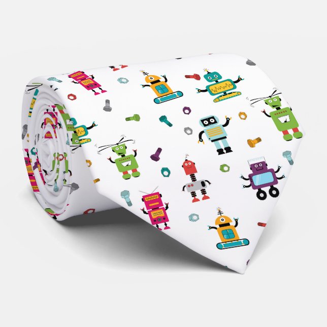Cute Multicolored Robot Pattern Theme  Tie (Rolled)