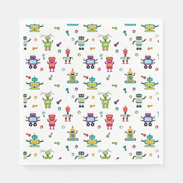 Cute Multicolored Robots Kids Robot Birthday Party Napkin (Front)