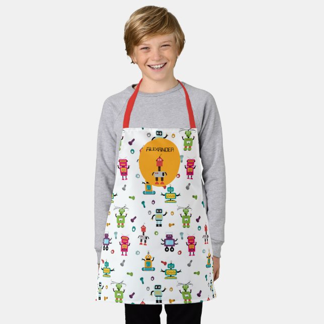 Cute Multicolored Robots Kids Robot Custom Name Apron (Worn)