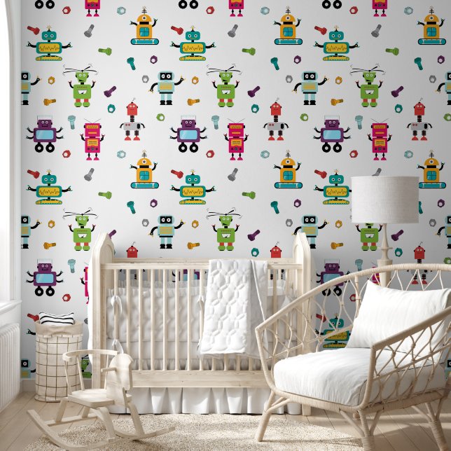 Cute Multicolored Robots Kids Robot Pattern Wallpaper (Kids)