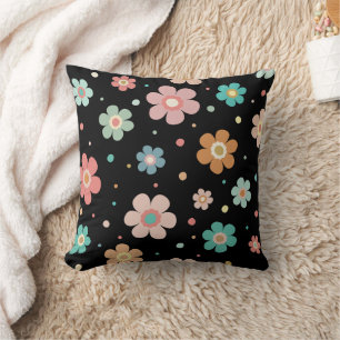 Cute Multicolour Flower Pattern On Black Cushion
