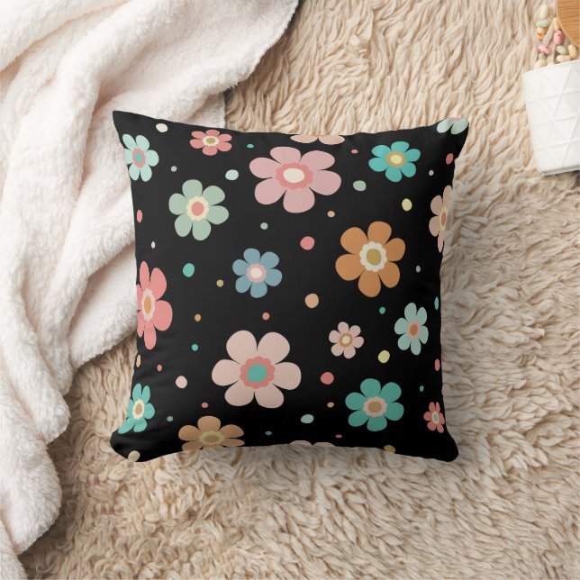 Cute Multicolour Flower Pattern On Black Cushion (Blanket)