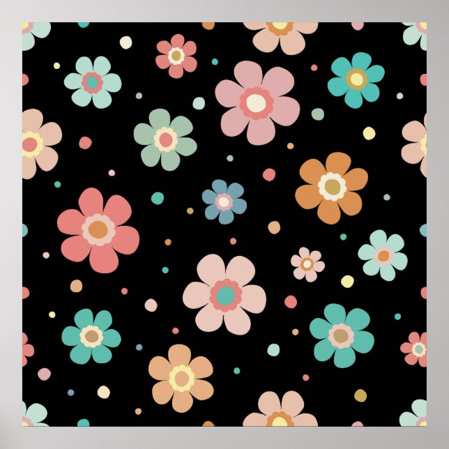 Cute Multicolour Flower Pattern On Black Poster (Front)