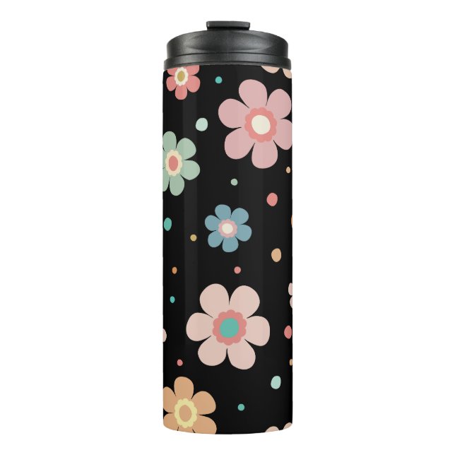 Cute Multicolour Flower Pattern On Black Thermal Tumbler (Front)