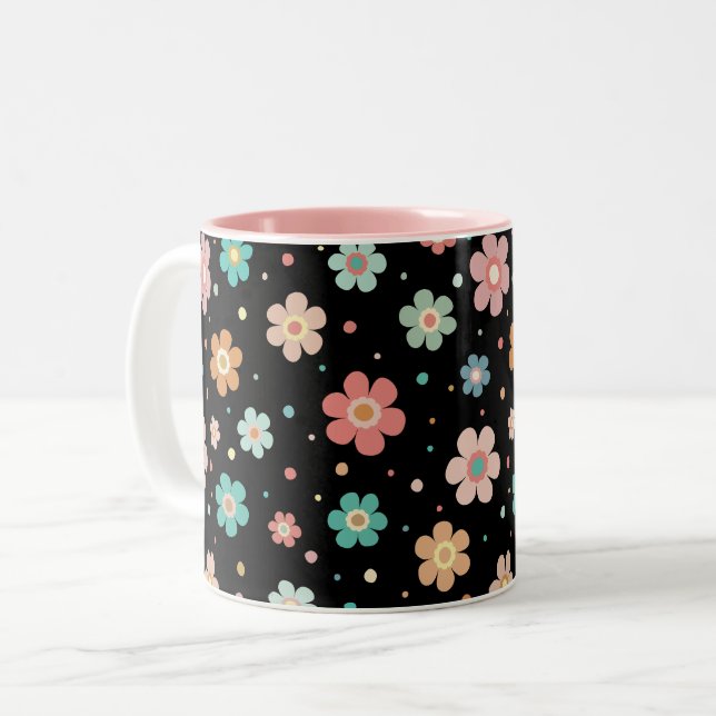 Cute Multicolour Flower Pattern On Black Two-Tone Coffee Mug (Front Left)