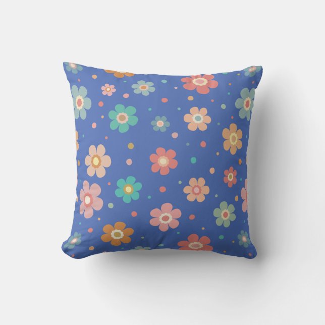 Cute Multicolour Flower Pattern On Blue Cushion (Front)