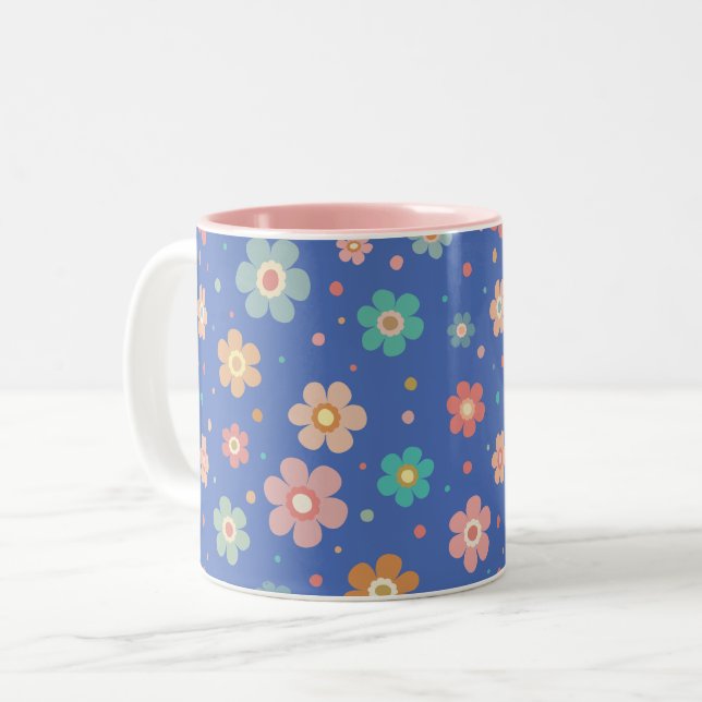 Cute Multicolour Flower Pattern On Blue Two-Tone Coffee Mug (Front Left)