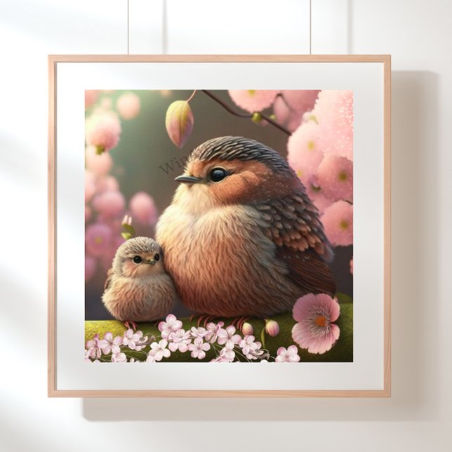 Cute Mum and Baby Bird on a Tree Pink Flowers Art Poster (Creator Uploaded)