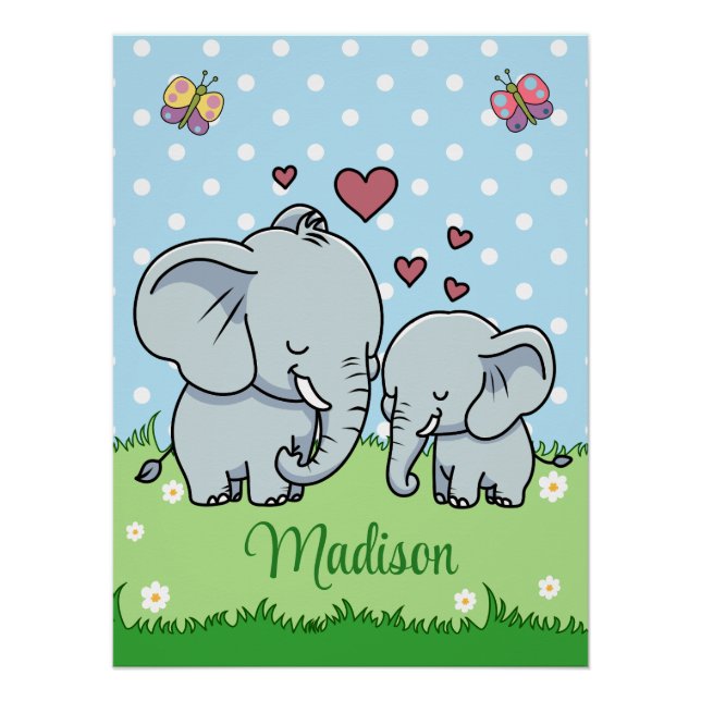 Cute Mum and Baby Elephant, Personalised  Poster (Front)