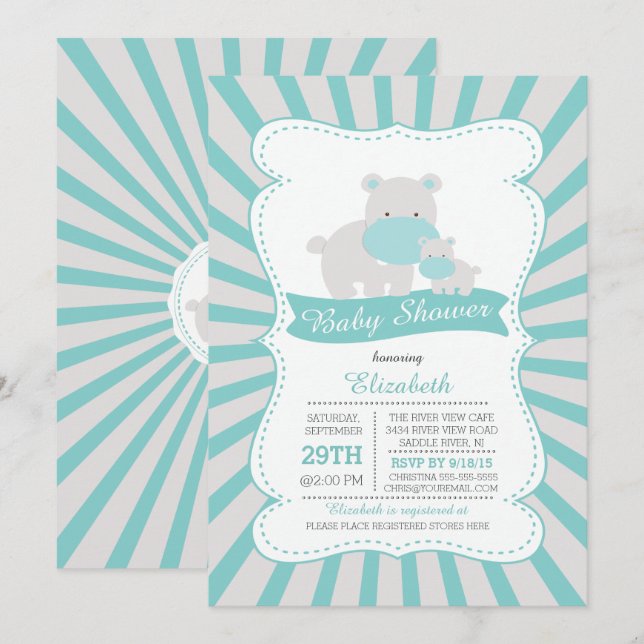 Cute Mum and Baby Hippo Boys Baby Shower Invitation (Front/Back)