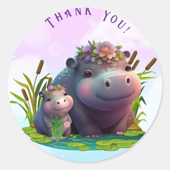Cute Mum and Baby Hippo Thank You Personalised Classic Round Sticker (Front)