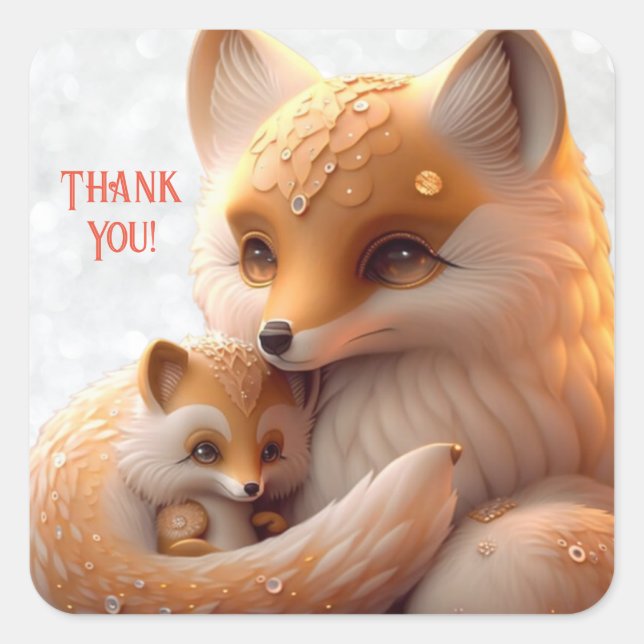 Cute Mum and Baby Orange Fox Whimsical Thank you  Square Sticker (Front)