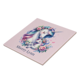 Cute Mum and baby unicorn  Tile