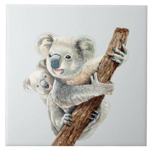 Cute Mum and Baby watercolor Koala on light grey Tile