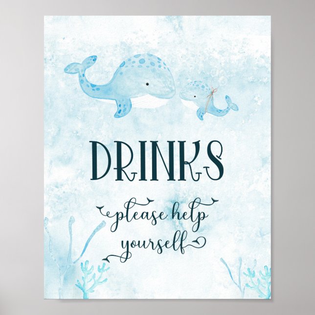 Cute Mum and Baby Whale Drinks Poster (Front)