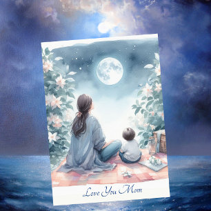 Cute Mum And Kid Under A Moonlit Sky Watercolor Holiday Card