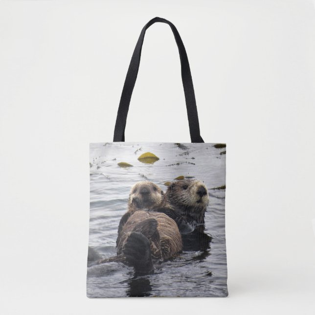Cute Mum and Pup Sea Otters Tote Bag (Front)