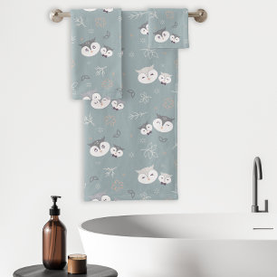 Cute Mum and Son Owl Pattern Blue-Grey Bath Towel Set