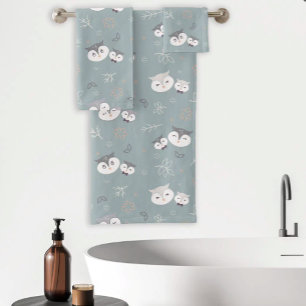 Cute Mum and Son Owl Pattern Blue-Grey Bath Towel Set
