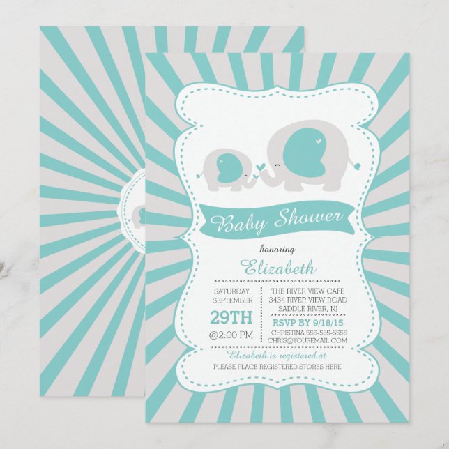 Cute Mum Baby Elephant Boys Baby Shower Invitation (Front/Back)
