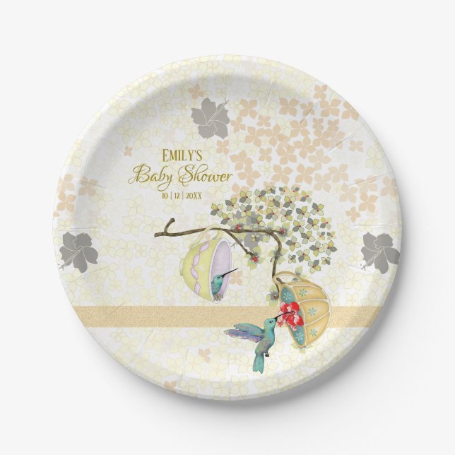 Cute Mum & Baby Floral Hummingbird Paper Plate (Front)