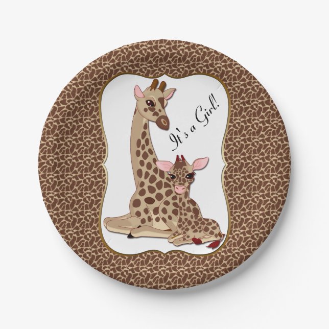 Cute Mum & Baby Giraffe Animal Theme Baby Shower Paper Plate (Front)