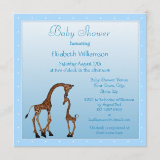 Cute Mum & Baby Giraffe Blue Baby Shower Invitation