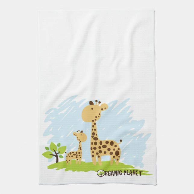 Cute Mum & Baby Giraffe Green & Yellow Towel (Vertical)