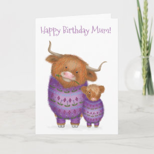 Cute mum & baby Highland cow birthday card