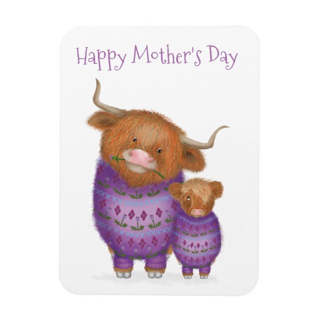 Cute mum & baby Highland cow Mother's Day magnet (Vertical)