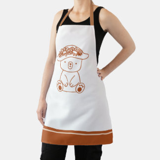 Cute Mum Bear in Flower-Adorned Hat, Brown White Apron