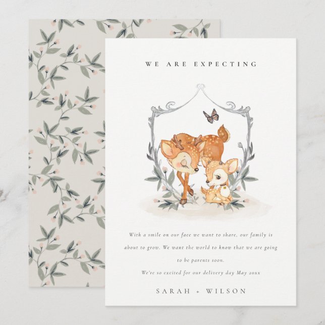 Cute Mum Deer Fawn Floral Crest Baby Announcement  (Front/Back)