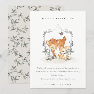 Cute Mum Deer Fawn Floral Crest Baby Announcement