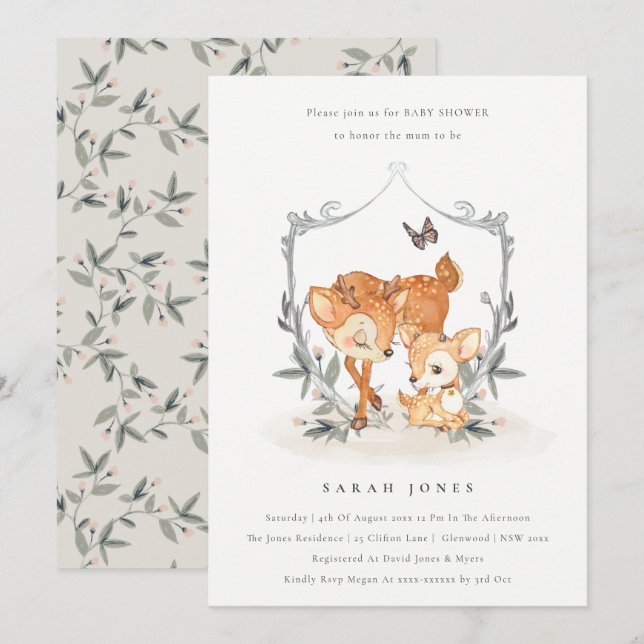 Cute Mum Deer Fawn Floral Crest Baby Shower Invite (Front/Back)