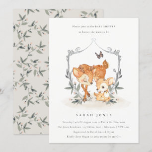 Cute Mum Deer Fawn Floral Crest Baby Shower Invite