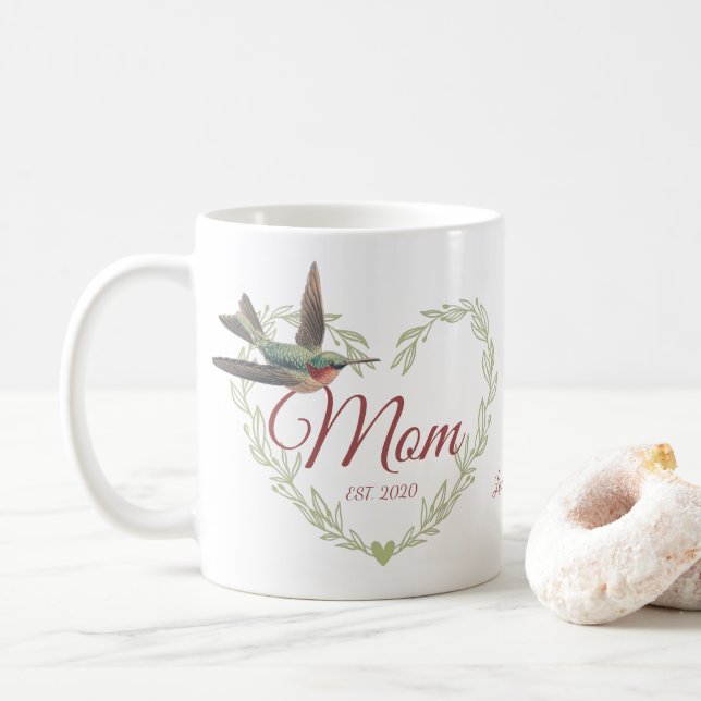 Cute Mum Heart Hummingbird Sage Green Coffee Mug (With Donut)