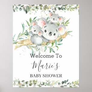 Cute Mum Koala Twins Greenery Neutral Baby Shower Poster