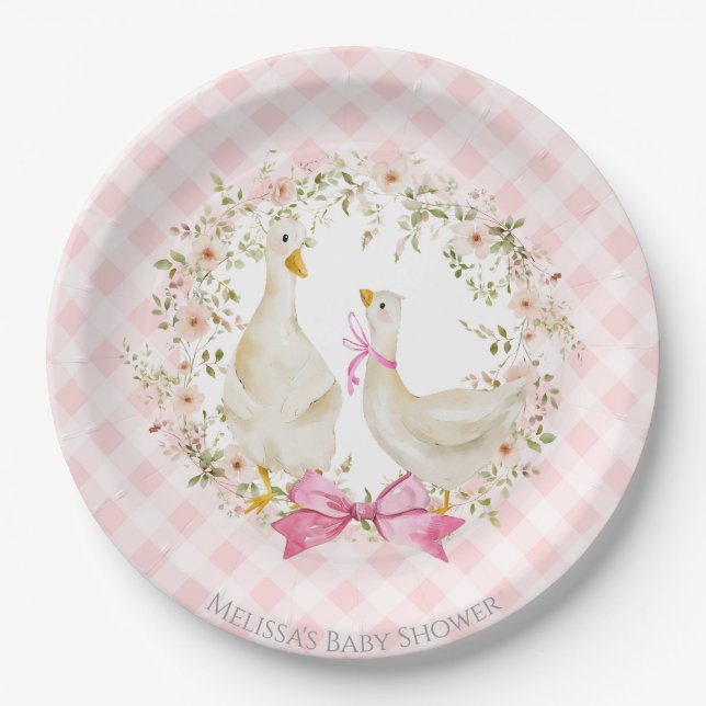 Cute Mum & Little Goose Gingham Baby Shower Girl Paper Plate (Front)