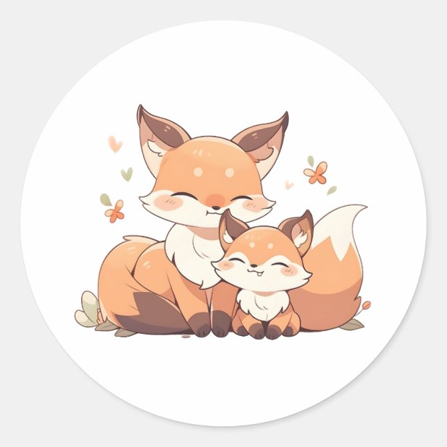 Cute mummy and baby fox classic round sticker (Front)