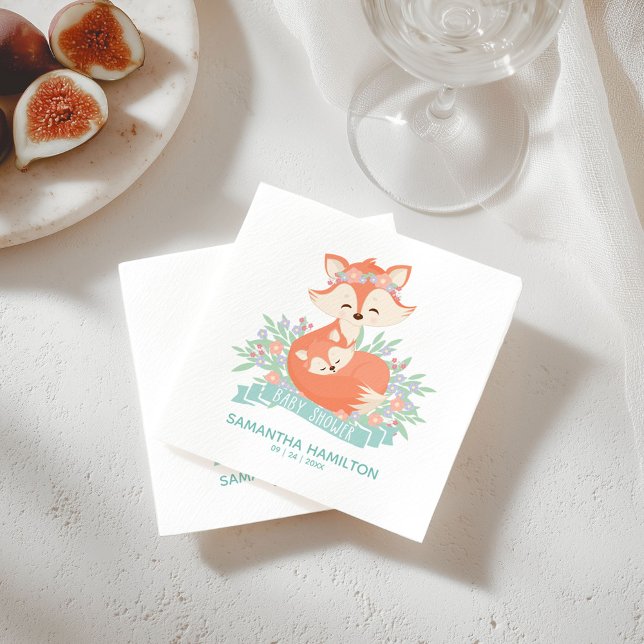 Cute Mummy and Baby Fox Woodland Boy Baby Shower Napkin (Creator Uploaded)