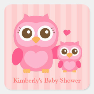 Cute Mummy and Baby Pink Owl, Baby Shower Square Sticker
