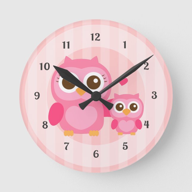 Cute Mummy and Baby Pink Owl, Girls Bedroom Round Clock (Front)