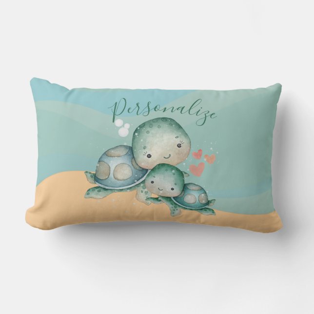 Cute Mummy Baby Sea Turtle Green Personalise Lumbar Cushion (Front)