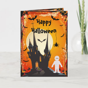 Cute Mummy, Bats & Castle Halloween Card